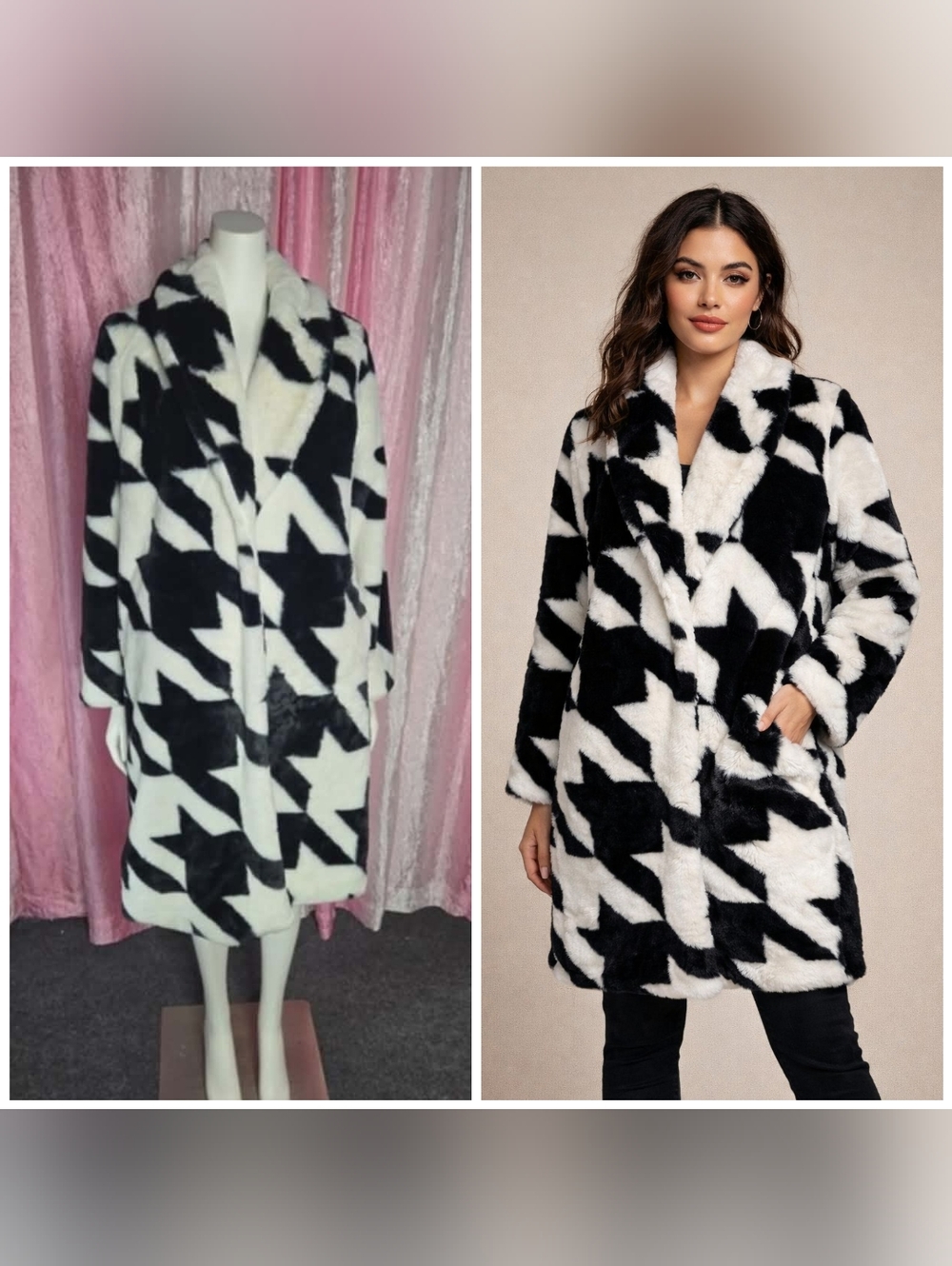 Sergio Hudson Faux Fur Coat  Black & White Houndstooth Fancy Long Coat Size XS